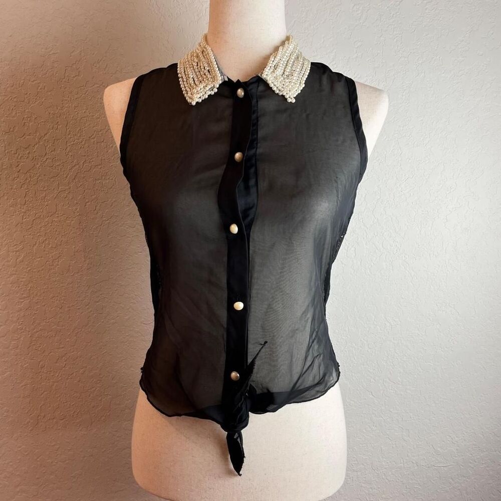 Kate Collection Faux Pearl Embellished Collar Sheer Tie Top Black XS